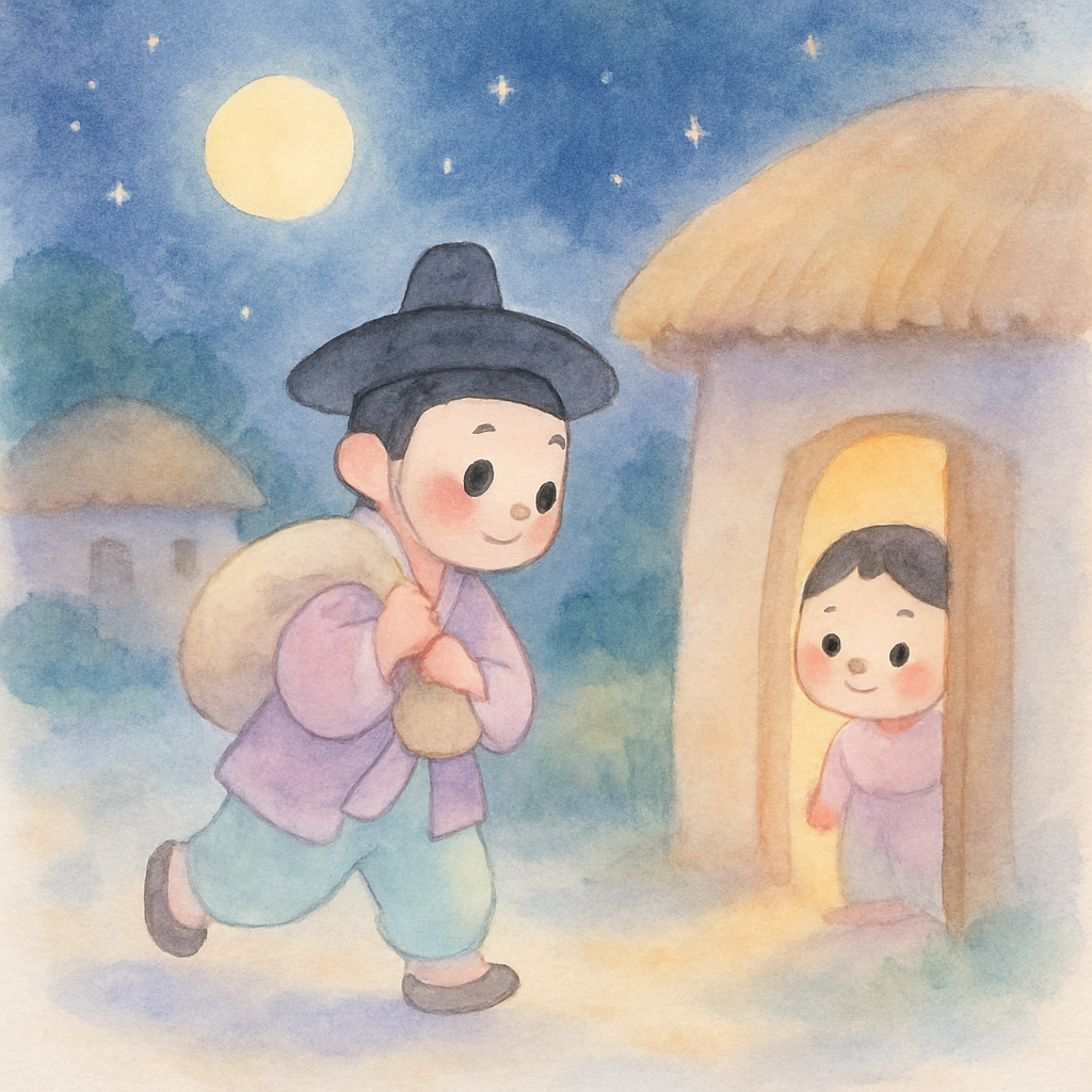 형이 밤에 몰래 동생 집으로 곡식을 가져가는 장면